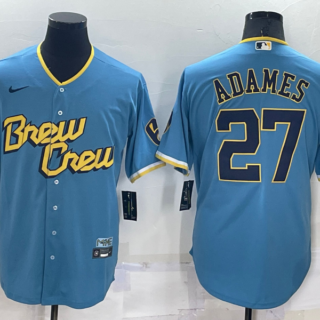 Men's Milwaukee Brewers #27 Willy Adames 2022 Powder Blue City Connect Cool Base Stitched Jersey
