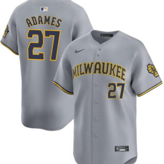 Men's Milwaukee Brewers #27 Willy Adames Grey 2024 Away Limited Stitched Baseball Jersey
