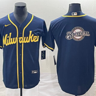 Men's Milwaukee Brewers Navy Team Big Logo Cool Base Stitched Jersey
