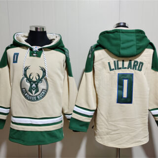 Men's Milwaukee Bucks #0 Damian Lillard Cream Lace-Up Pullover Hoodie