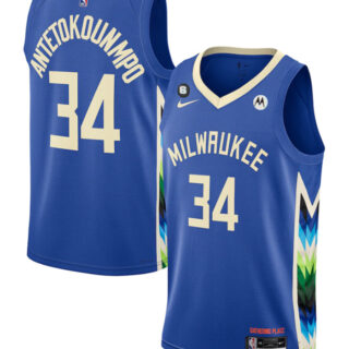 Men's Milwaukee Bucks #34 Giannis Antetokounmpo Blue 2022 23 City Edition With NO.6 Patch Stitched Basketball Jersey