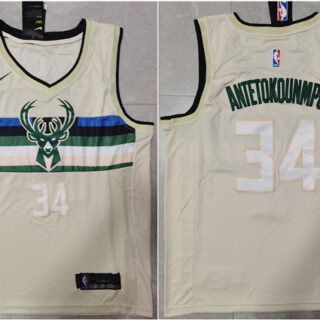 Men's Milwaukee Bucks #34 Giannis Antetokounmpo Cream Stitched Jersey