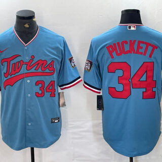 Men's Minnesota Twins #34 Kirby Puckett Light Blue Pullover Throwback Cooperstown Nike Jersey