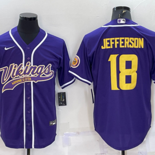 Men's Minnesota Vikings #18 Justin Jefferson Purple Gold With Patch Cool Base Stitched Baseball Jersey