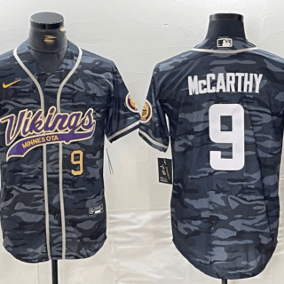 Men's Minnesota Vikings #9 J.J. McCarthy Grey Camo Cool Base Stitched Baseball Jerseys