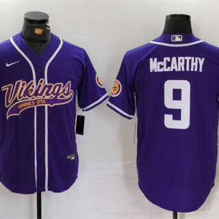 Men's Minnesota Vikings #9 J.J. McCarthy Purple Cool Base Stitched Baseball Jersey