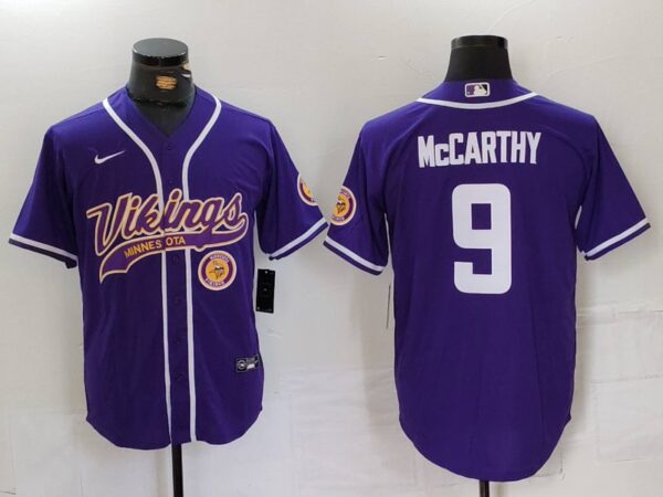 Men's Minnesota Vikings #9 J.J. McCarthy Purple Cool Base Stitched Baseball Jerseys