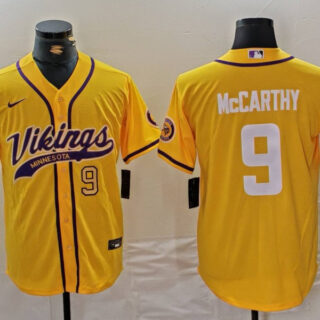 Men's Minnesota Vikings #9 J.J. McCarthy Yellow Cool Base Stitched Baseball Jersey