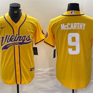 Men's Minnesota Vikings #9 J.J. McCarthy Yellow Cool Base Stitched Baseball Jersey