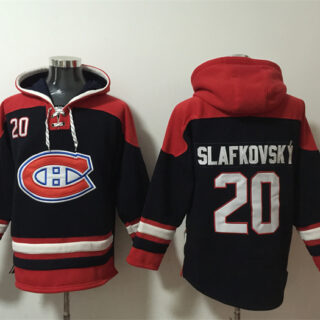 Men's Montreal Canadiens #20 Juraj Slafkovsky Navy Red Lace-Up Pullover Hoodie