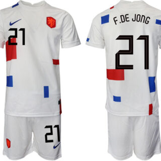 Men's Netherlands #21 F. De Jong White Away Soccer Jersey Suit