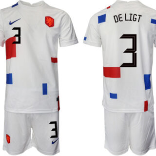 Men's Netherlands #3 Deligt White Away Soccer Jersey Suit
