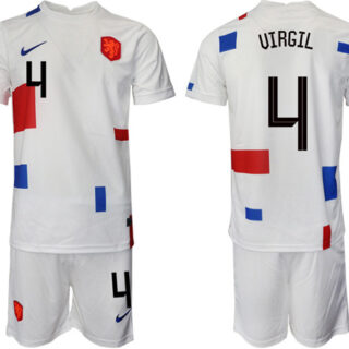 Men's Netherlands #4 Uirgil White Away Soccer Jersey Suit