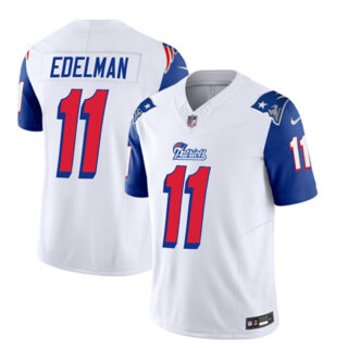 Men's New England Patriots #11 Julian Edelman White Blue 2023 F.U.S.E. Throwback Limited Stitched Football Jersey