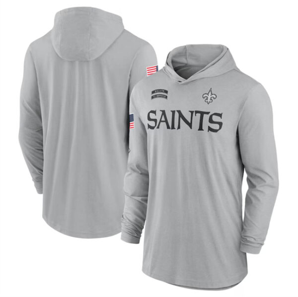 Men's New Orleans Saints 2024 Gray Salute To Service Lightweight Performance Long Sleeve Hooded T-Shirt