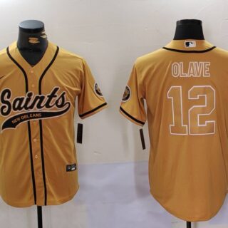 Men's New Orleans Saints #12 Chris Olave Gold Cool Base Stitched Baseball Jersey
