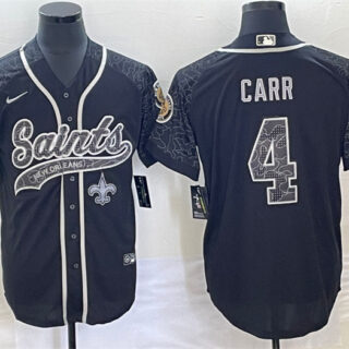 Men's New Orleans Saints #4 Derek Carr Black Reflective With Patch Cool Base Stitched Baseball Jersey