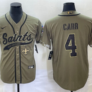 Men's New Orleans Saints #4 Derek Carr Olive Salute To Service With Patch Cool Base Stitched Baseball Jersey