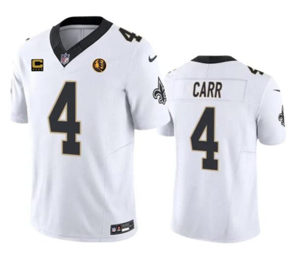Men's New Orleans Saints #4 Derek Carr White 2023 F.U.S.E. With 4-Star C Patch And John Madden Patch Vapor Limited Stitched Football Jersey