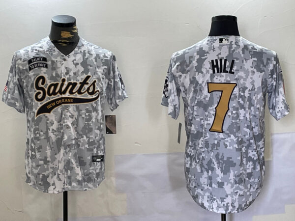 Men's New Orleans Saints Team #7 Taysom Hill 2024 Arctic Camo Salute To Service Stitched Baseball Jersey