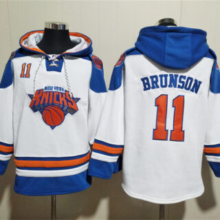Men's New Yok Knicks #11 Jalen Brunson White Lace-Up Pullover Hoodie