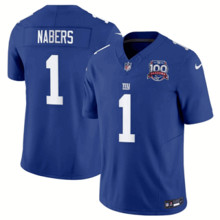 Men's New York Giants #1 Malik Nabers Blue 2024 Draft F.U.S.E. 100TH Season Patch Vapor Untouchable Limited Stitched Jersey