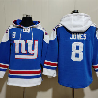 Men's New York Giants #8 Daniel Jones Blue Ageless Must-Have Lace-Up Pullover Hoodie