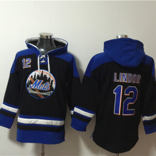 Men's New York Mets #12 Francisco Lindor Black Blue Ageless Must-Have Lace-Up Pullover Hoodie