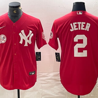 Men's New York Yankees #2 Derek Jeter Red Cool Base Stitched Baseball Jersey