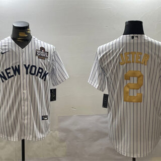 Men's New York Yankees #2 Derek Jeter White Gold 2024 World Series Cool Base Stitched Baseball Jersey