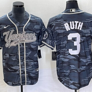 Men's New York Yankees #3 Babe Ruth Gray Camo With Patch Cool Base Stitched Baseball Jersey