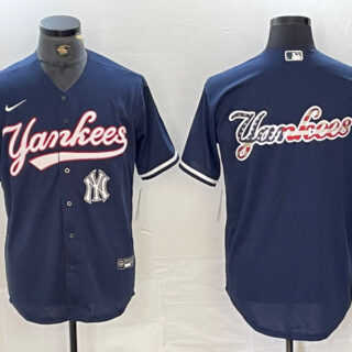 Men's New York Yankees Big LOGO Navy Cool Base Stitched Baseball Jersey
