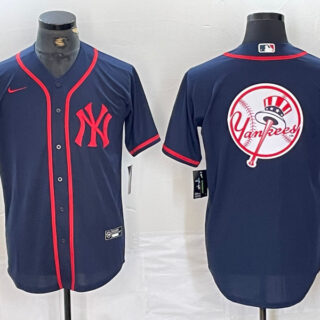 Men's New York Yankees Big LOGO Navy Cool Base Stitched Baseball Jersey