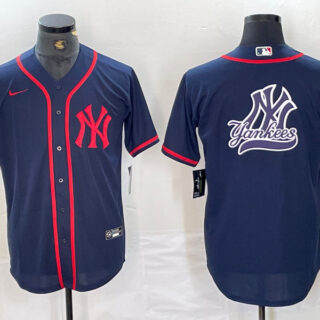 Men's New York Yankees Big LOGO Navy Cool Base Stitched Baseball Jersey