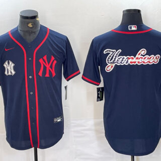 Men's New York Yankees Big LOGO Navy Cool Base Stitched Baseball Jersey