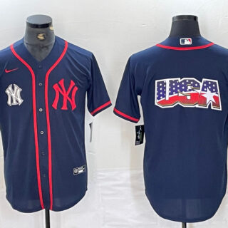 Men's New York Yankees Big LOGO Navy Cool Base Stitched Baseball Jersey