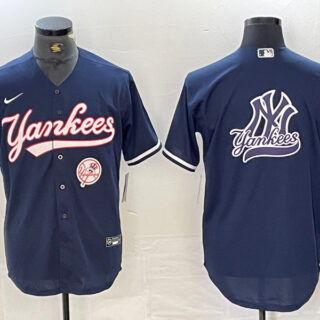 Men's New York Yankees Big LOGO Navy Cool Base Stitched Baseball Jersey