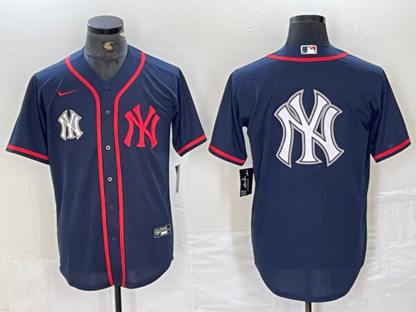 Men's New York Yankees Big LOGO Navy Cool Base Stitched Baseball Jersey