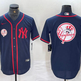 Men's New York Yankees Big LOGO Navy Cool Base Stitched Baseball Jersey