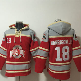 Men's Ohio State Buckeyes #18 Marvin Harrison JR. Red GreyAgeless Must-Have Lace-Up Pullover Hoodie