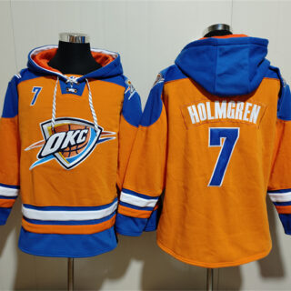 Men's Oklahoma City Thunder #7 Chet Holmgren Orange Blue Lace-Up Pullover Hoodie