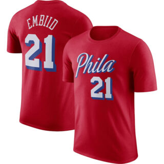 Men's Philadelphia 76ers #21 Joel Embiid Red 2022 23 Statement Edition Name & Number T-Shirt