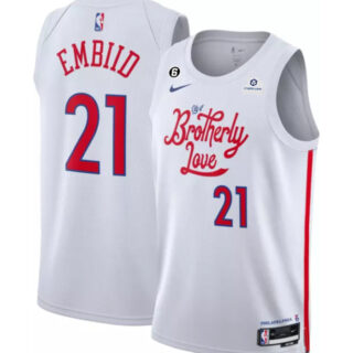 Men's Philadelphia 76ers #21 Joel Embiid White 2022 23 City Edition With NO.6 Patch Stitched Basketball Jersey