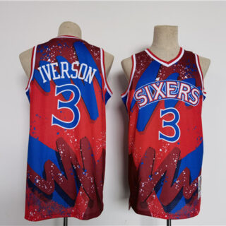 Men's Philadelphia 76ers #3 Allen Iverson Red Black Throwback Basketball Jersey