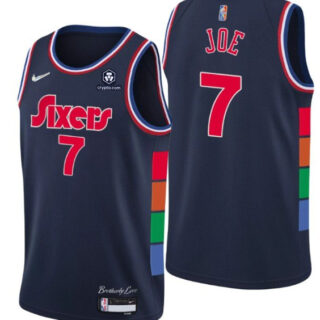 Men's Philadelphia 76ers #7 Isaiah Joe 2021 22 City Edition Navy 75th Anniversary Stitched Swingman Jersey