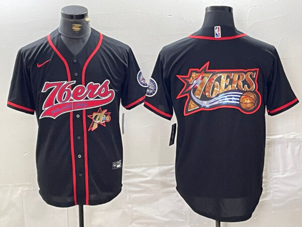Men's Philadelphia 76ers Team Big Logo Black Cool Base Stitched Baseball Jerseys
