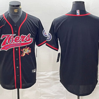 Men's Philadelphia 76ers Team Big Logo Black Cool Base Stitched Baseball Jerseys