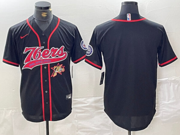 Men's Philadelphia 76ers Team Big Logo Black Cool Base Stitched Baseball Jerseys