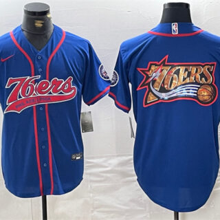 Men's Philadelphia 76ers Team Big Logo Royal Cool Base Stitched Baseball Jersey