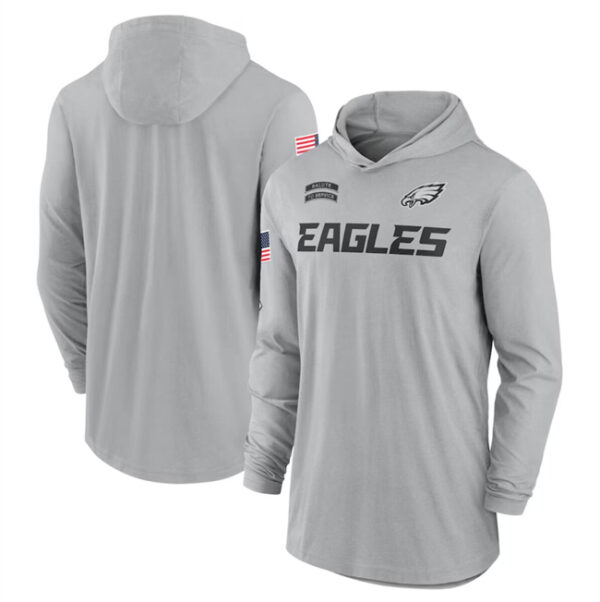 Men's Philadelphia Eagles 2024 Gray Salute To Service Lightweight Performance Long Sleeve Hooded T-Shirt